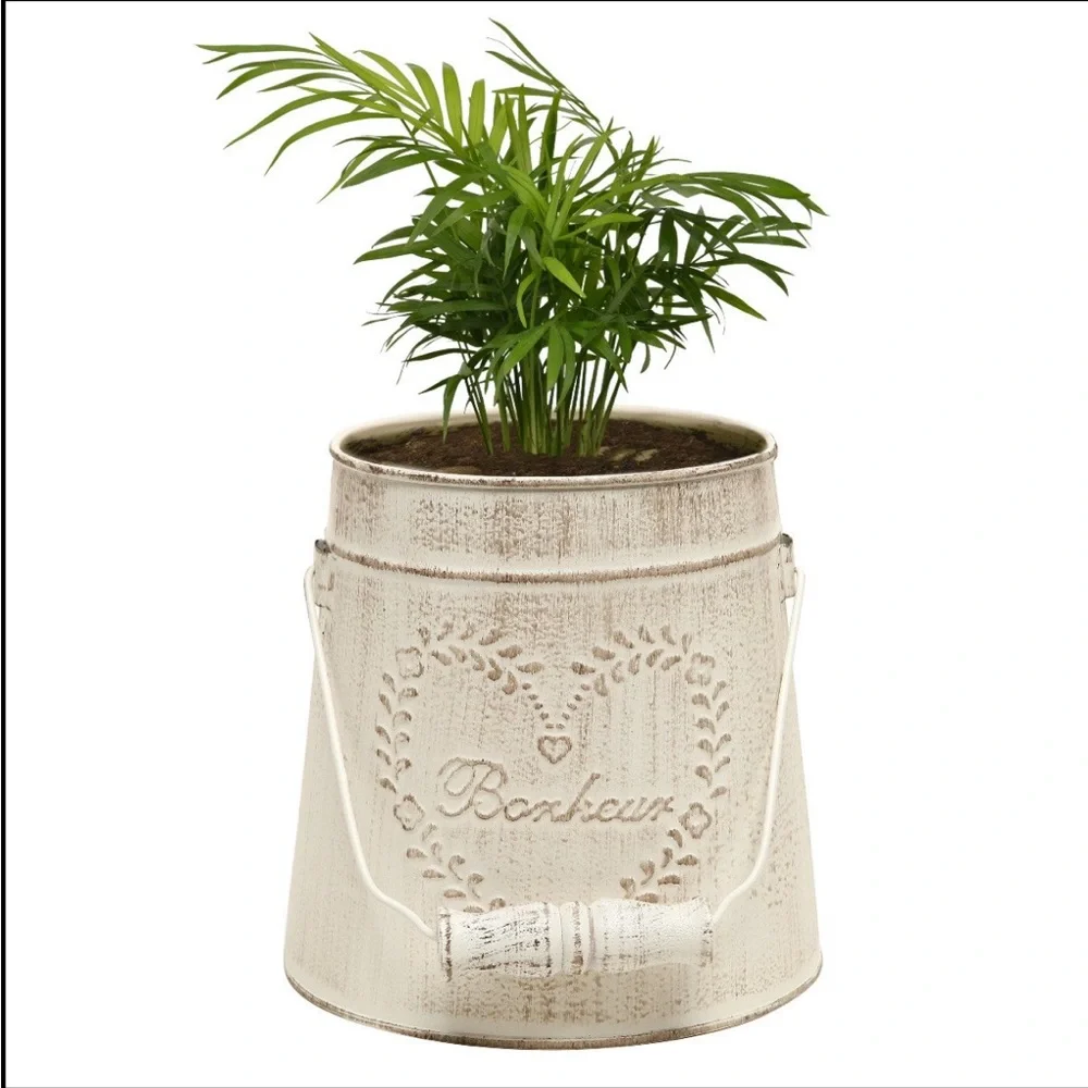 Vintage Style Rustic Metal Garden Decor Bucket French style”Bonjour“